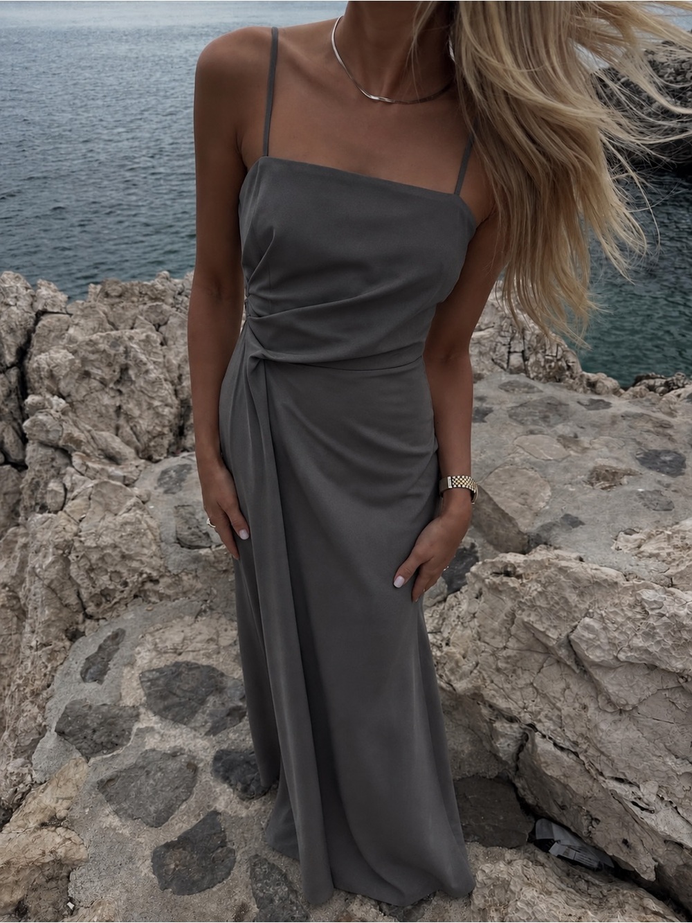 Zara ZW Collection Grey Khaki Wool Blend Draped Maxi Dress NWT Event